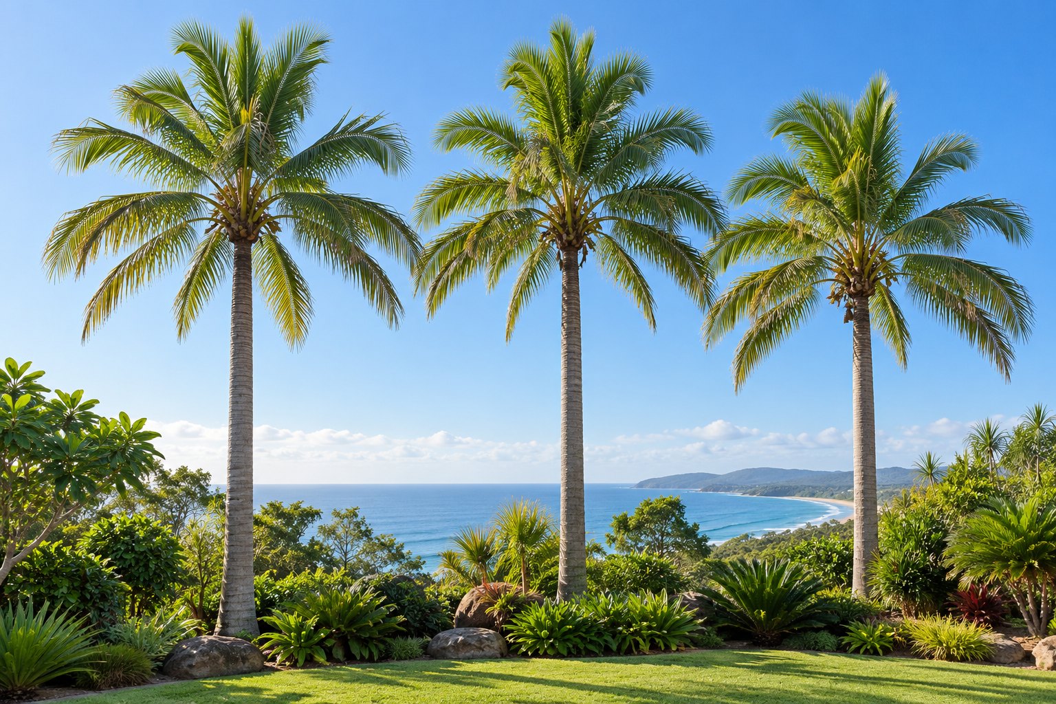 Illustrative healthy palms in a coastal Australian garden