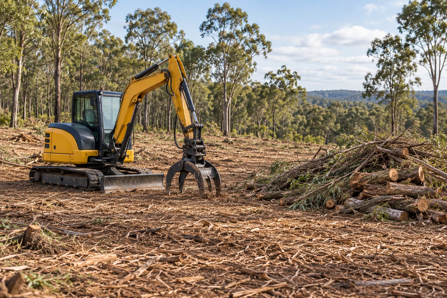 Excavator and brush pile within a defined clearing area