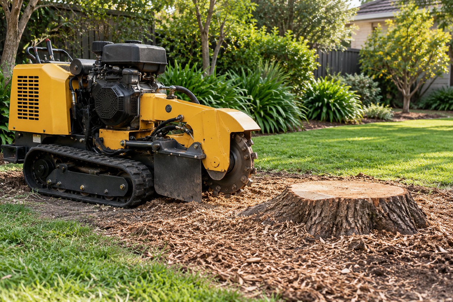 Illustrative stump grinder beside a cut stump